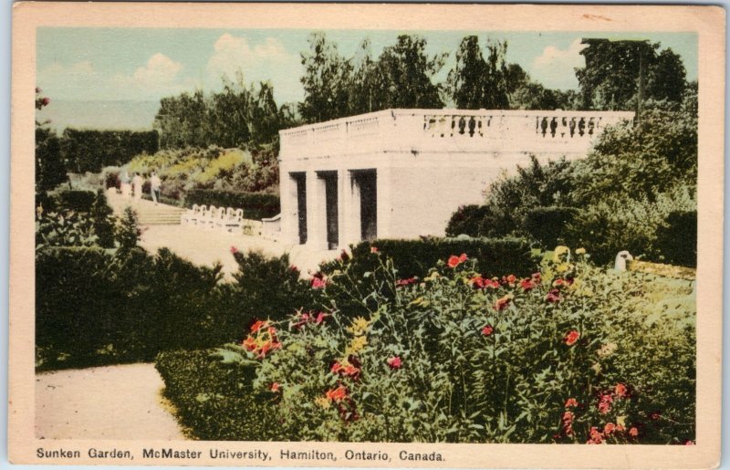 c1940s Hamilton ON McMaster University Sunken Garden Flower Campus Arch Postcard