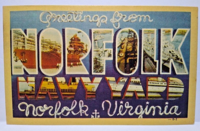 Greetings From Norfolk Navy Yard Virginia Large Big Letter Linen Postcard Unused