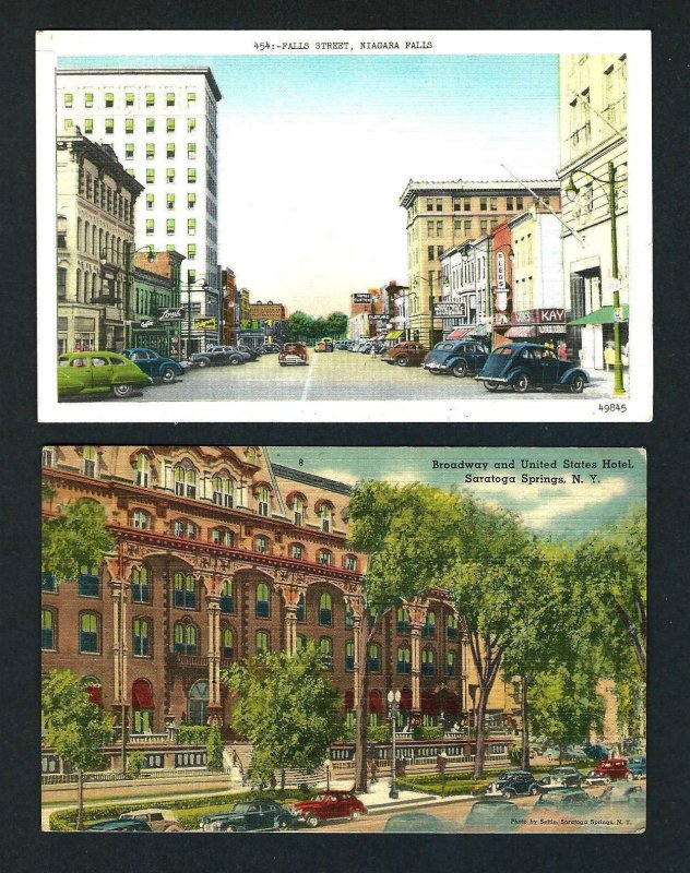 F39 Auto's at Broadway & U.S. Hotel & Falls St. Scenic Ads.on Street 1940s