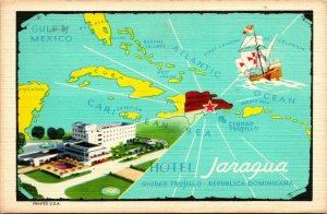 Vintage Advertisng Linen Postcard Dominican Republic Hotel Jaragua Multi Map 