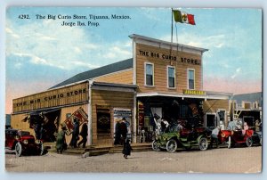 Tijuana Baja California Mexico Postcard Big Curio Store Mexican Flag c1910