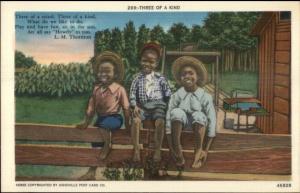 Black Americana Boys on Fence Three of a Kind Linen Postcard