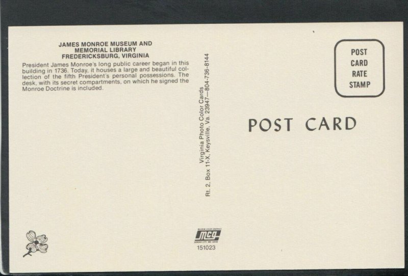 America Postcard - James Monroe's Law Office, Fredericksburg, Virginia  T5857