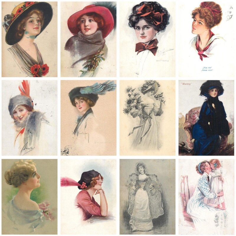 Glamor beauty drawn women portraits various artists lot of 12 vintage postcards