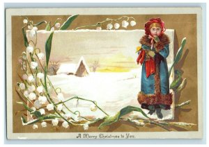 1880s Victorian Christmas Card Winter Snow Cute Girl & Doll #5E