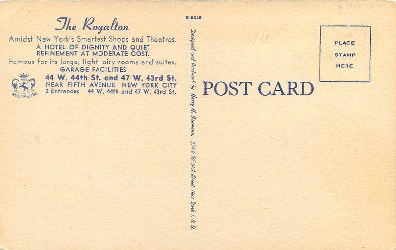 Auto Baumann 1940s Royalton Hotel New York City New York linen postcard 10923