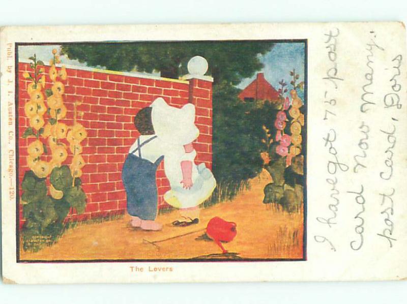 Pre-1907 SUNBONNET TWIN HUGGED BY BOY k6915