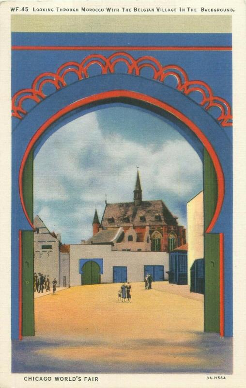 Chicago World's Fair Belgian Village Viewed Through Morocco 1933 Linen Postcard