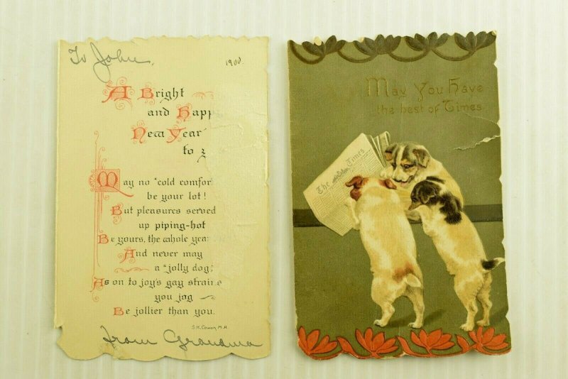 1870's-80's Raphael Tuck New Year's Puppies Dogs Reading Newspaper Bavaria P194