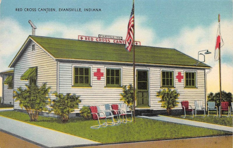 RED CROSS CANTEEN Evansville, Indiana Vintage Linen Postcard ca 1940s