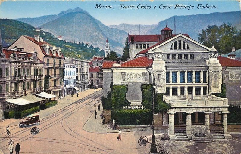 1905-1915 Postcard, Merano Italy Theatre Teatro Civico e Corso Principe Umberto