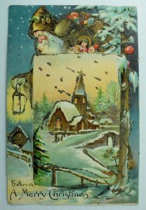 C.1910 Brown Coat Santa Claus w/ Lantern, Mica, Postcard P76 