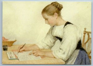 Pretty girl Lady writes a letter by Albert Anker NEW Modern ART Postcard