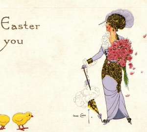 1913 Gene Carr Artist Signed Easter Postcard Rabbits Chicks Beautiful Woman
