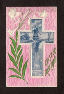Easter Greetings Postcard Cross Wind Mill White Lilies Flowers Embossed