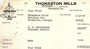 1947 THOMASTON MILLS PEERLESS DIVISION GEORGIA FABRICS INVOICE BILLHEAD Z833