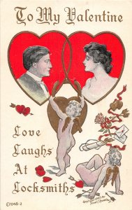 H53/ Valentine's Day Love Holiday Postcard c1910 Man Woman Hearts Gold Cupid 36