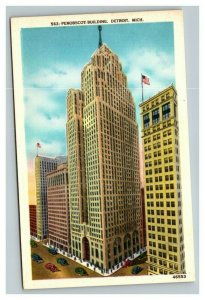 Vintage 1940's Postcard Antique Cars Driving Penobscot Building Detroit Michigan