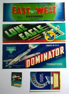 Airplane Labels Dominator Sky Sweep Lone Eagle Airport Planes 1930s-50s Lot Of 5