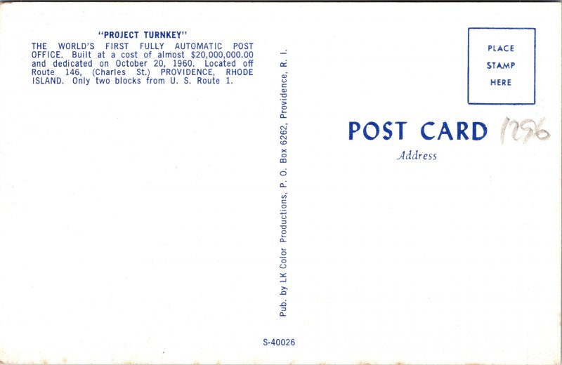 Providence RI World's First Fully Automated Post Office Postcard unused 1960s