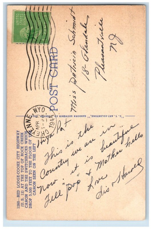 1944 Red Lodge Cooke City Highway Cheyenne Wyoming WY Vintage Postcard