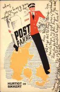 Denmark Mail Delivery Poster Art Mailman Promoting Safe Mailing 1930s Postcard