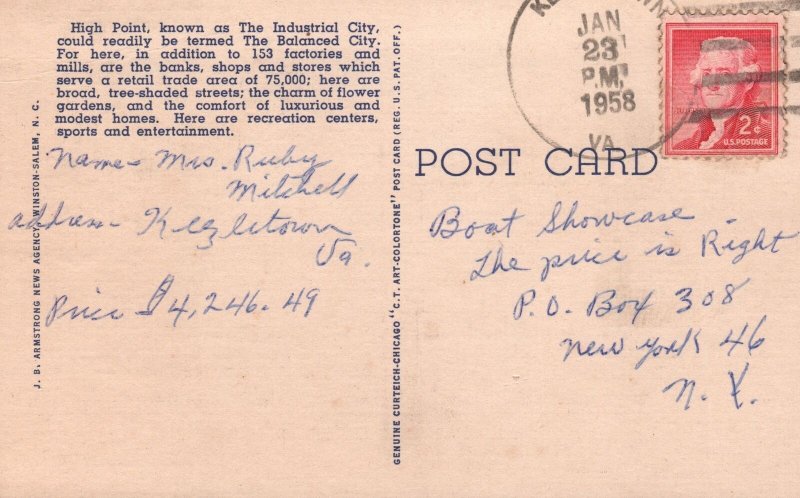 Vintage Postcard 1958 Large Letter Greetings From Hich Point North Carolina NC