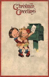 Christmas Cute Girl and Boy Mail Letter to Santa Vintage Postcard