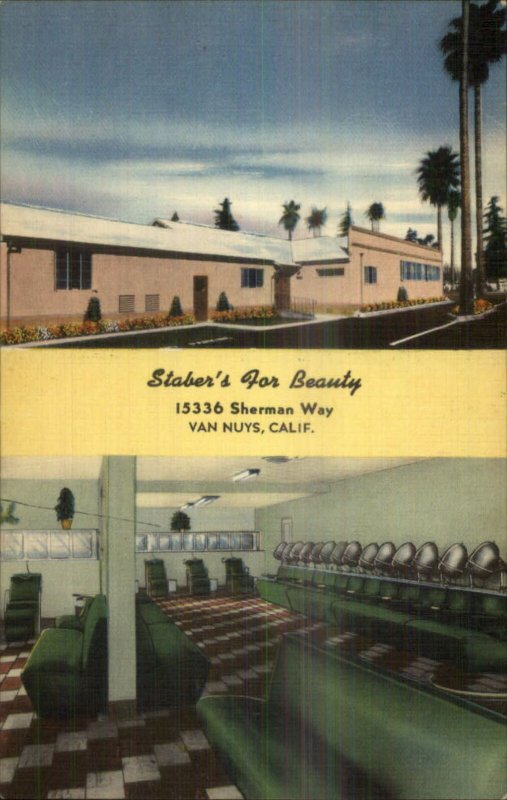 Van Nuys CA Staber's Beauty Salon LINEN ADVERTISING Postcard EXC COND