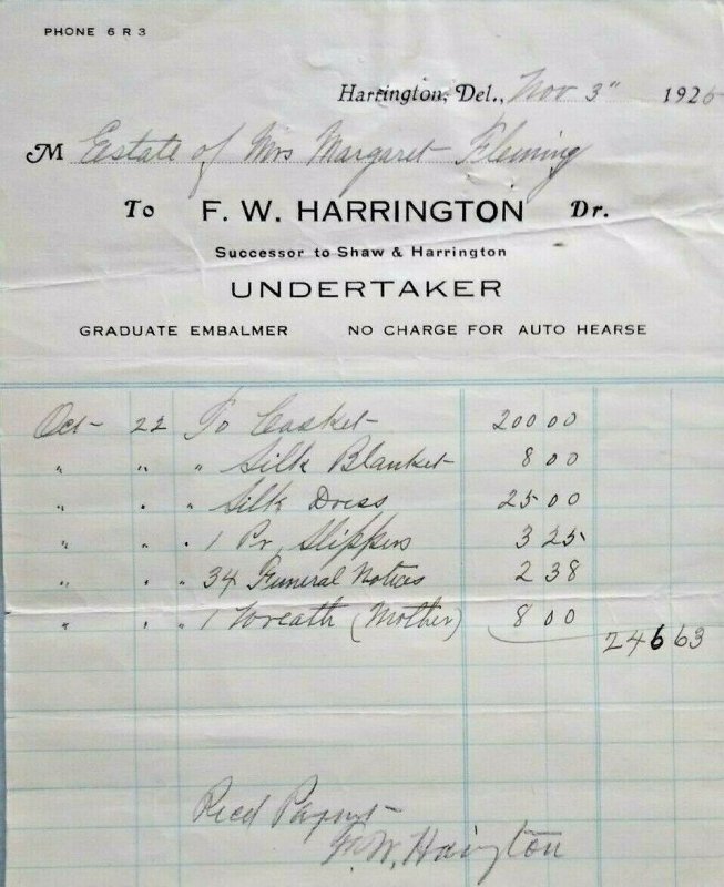 1925 Harrington Delaware Undertaker Letterhead Peoples Bank Check Fleming