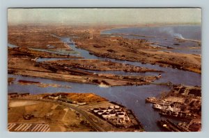 Long Beach CA, Aerial View of Oil & Fishing Port, Chrome California Postcard