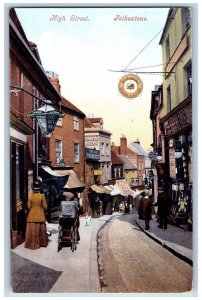 Folkestone Kent England Postcard High Street Business Section c1910 Antique