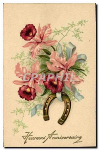 Old Postcard Happy Birthday Flowers Horseshoe