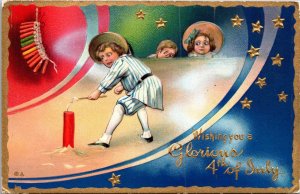 Vintage Postcard Scared Little Boy Lights Big Firecracker While 2 Kids Watch