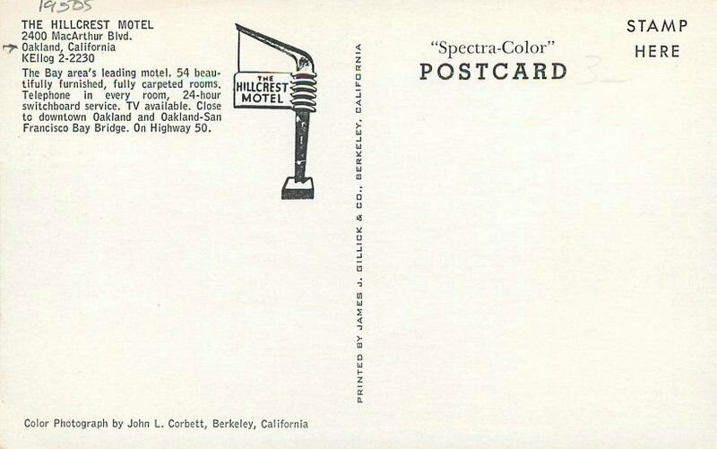 Corbett Gillick Hillcrest Hoiel roadside Oakland California Postcard 20-5654