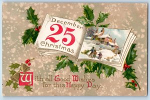 Christmas Postcard Holly Berries Bells Book Winsch Back Ashland WI 1908 Antique