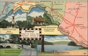 Western Maryland MD Landmarks and Map Linen Vintage Postcard