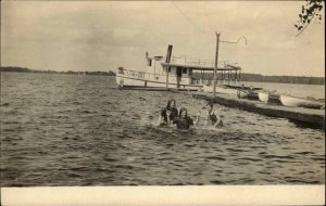 Steamer Boat at Dock Kids Swimming - Madison Maine on Back c1910 RPPC