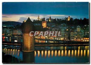 Modern Postcard Luzern Chapel Bridge and old cites night