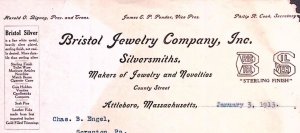 1913 ATTLEBORO MASSACHUSETTS BRISTOL JEWELRY COMPANY SILVERSMITH LETTERHEAD Z246