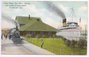 Soo MI Ship By Rail & Water Union Railroad Station Train Depot Postcard