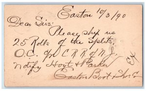 1890 Easton Boot & Shoes Co. Easton PA Boston MA Posted Cancel Postal Card 