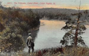 Cedar Rapids Iowa~Man with Shoulder Bag Viewing Palisades on Cedar River~c1910