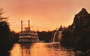 Vintage Postcard Mark Twain At Dusk Frontierland Steamboat Cascade Mountain