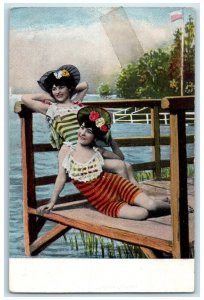 c1910's Bathing Beauties Stripe Swimsuits Floral Hat Germany Antique Postcard