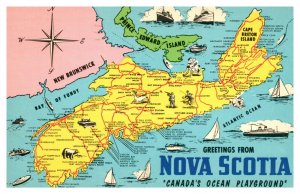 Vintage 1965 Postcard Greetings From Nova Scotia - Map Sailboats Steamers NICE