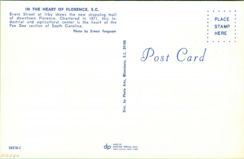 Postcard Heart of Florence SC South Carolina Evans Street View New Mall Cars Q17 