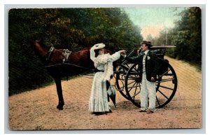 Vintage 1909 Romantic Postcard Couple in the Park Horse & Buggy Colorized Photo
