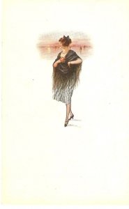 Lady with shawl. Landscape Curious old vintage Italian, artist drawn postcard