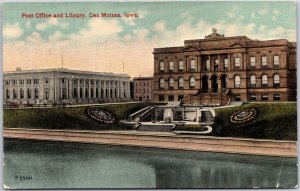 Post Office & Library Des Moines Iowa IA Landscape Grounds Buildings Postcard